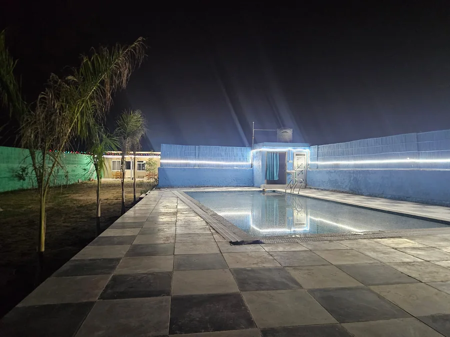 Pool walkway at night